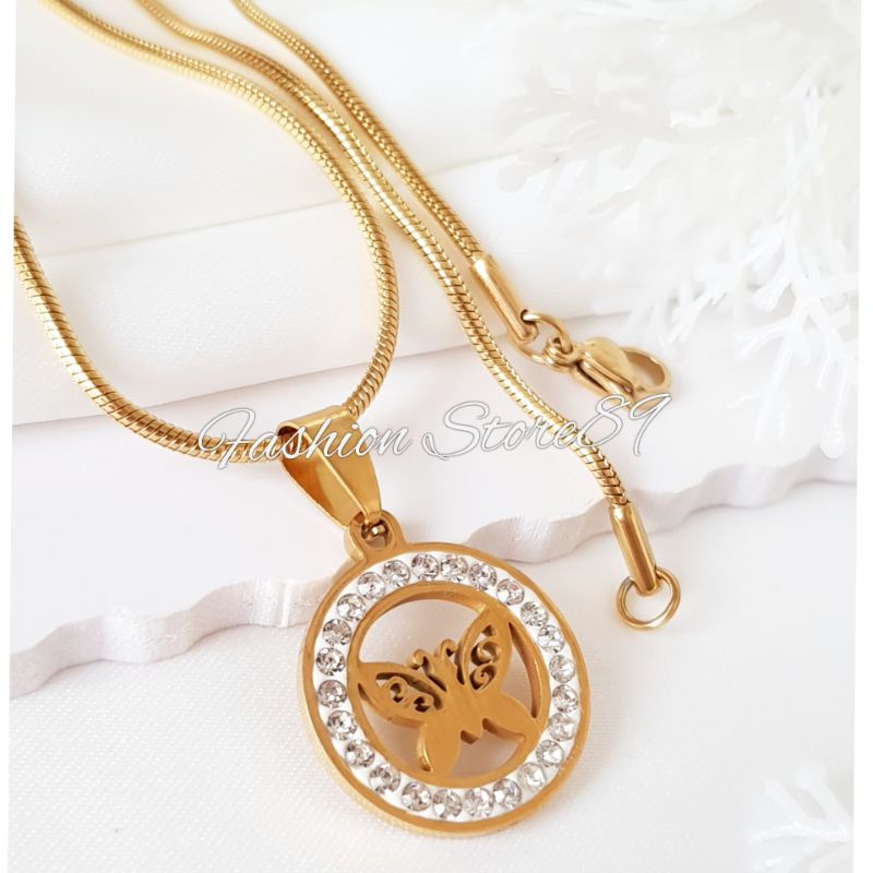 Kalung Titanium impor Gold Lingkar Love Permata Bestquality Premium Titanium Kalung Antikarat Buterfly Dolphin Snow Love Crown fashion Dewasa LTNx