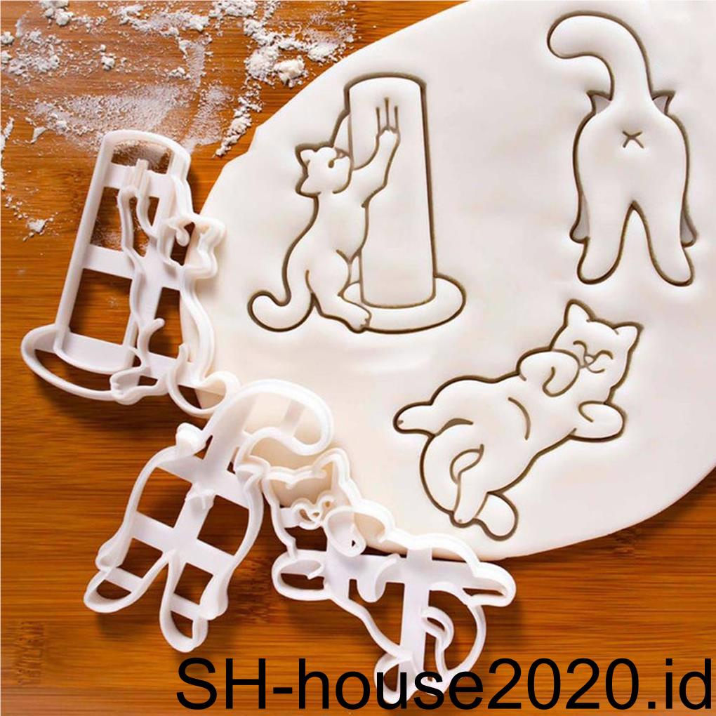 (house2020) 3pcs / Set Cetakan Pemotong Kue / Biskuit / Fondant Bentuk Hewan Kucing 3D Untuk Baking