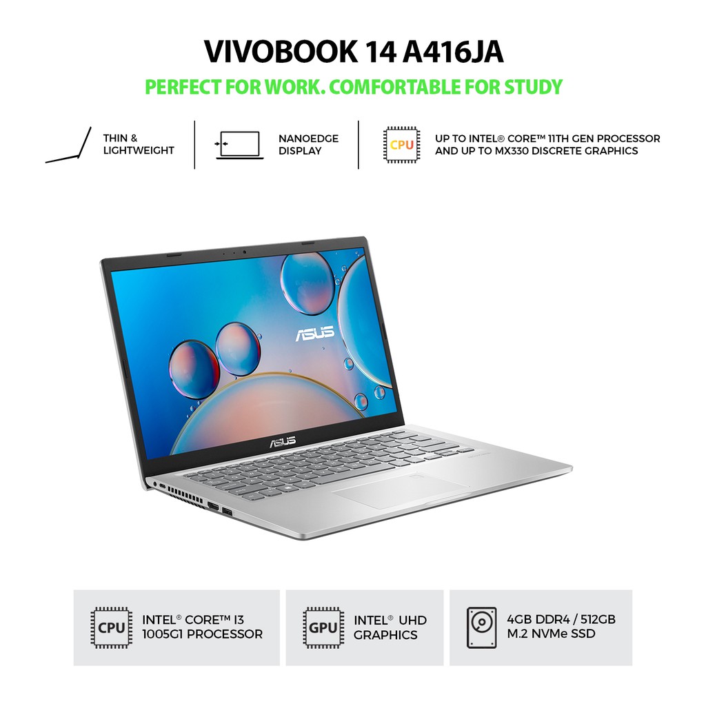 ASUS A416JA-VIPS351 CI3-1005G1 4GB 512GB 14VIPS WIN10 + OPI/TRANSPARENT SILVER