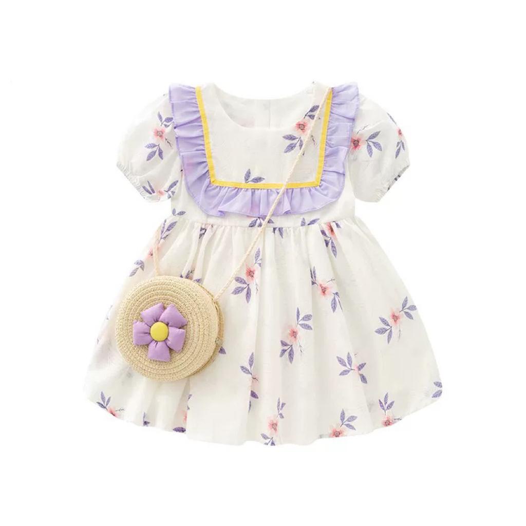 Dress Anak Perempuan Korean Style Kerah Renda Bunga Hijo/Ungu Puff