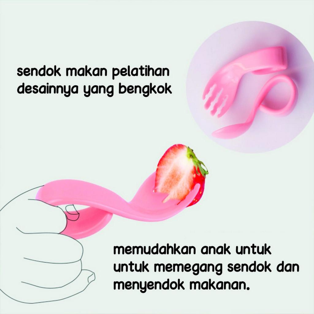 Sendok Garpu Training Set Makan Bayi Melengkung Lekuk Lengkung / Baby Spoon Fork Set MPASI Gagang Bulat Bahan Plastik Warna Pink Biru