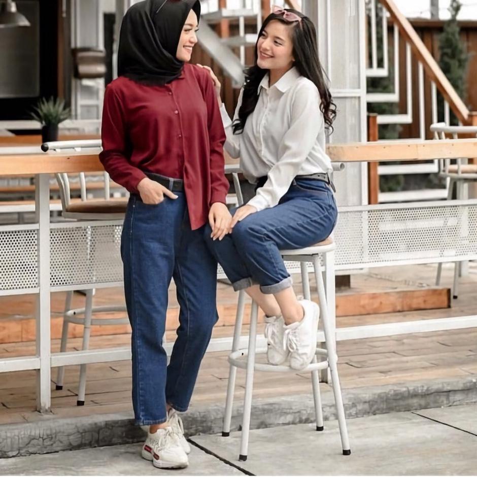 SALEE.. Baju Kemeja Polos Kerja Kantor Atasan Wanita Lengan PANJANG Karet Cewek Remaja Warna Putih H