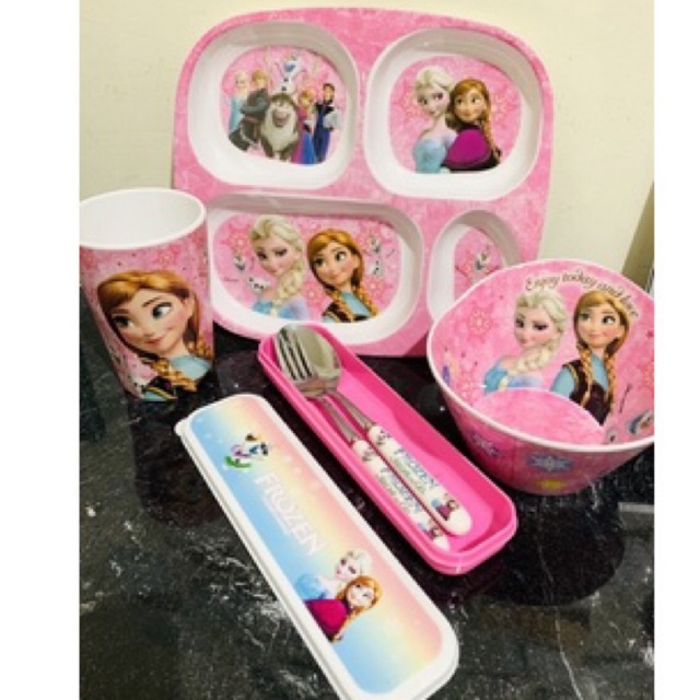 paket 4in1 piring mangkok gelas sendok garpu karakter frozen set