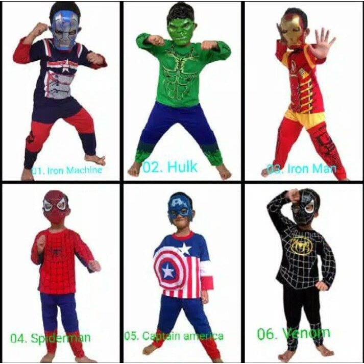 Kostum Baju Anak Avenger Spiderman Iron Man Hulk Captain America Venom Superhero GRATIS TOPENG