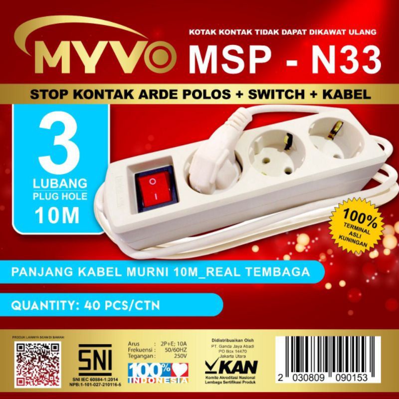 Stop Kontak Kabel 3 Lubang 10 Meter SNI Myvo N33 - 10M