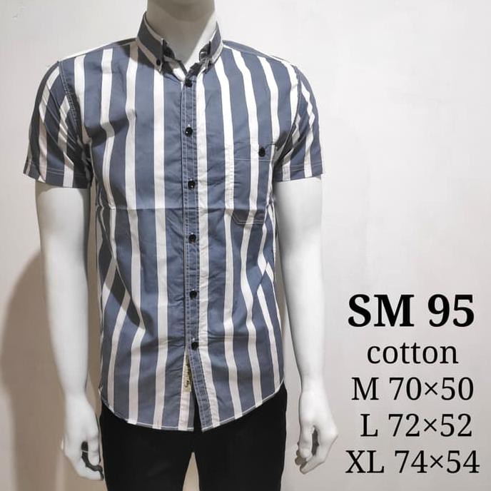 Promo Kemeja Pria Cowok Motif Garis Vertikal Putih Abu Denim Slimfit Sm95