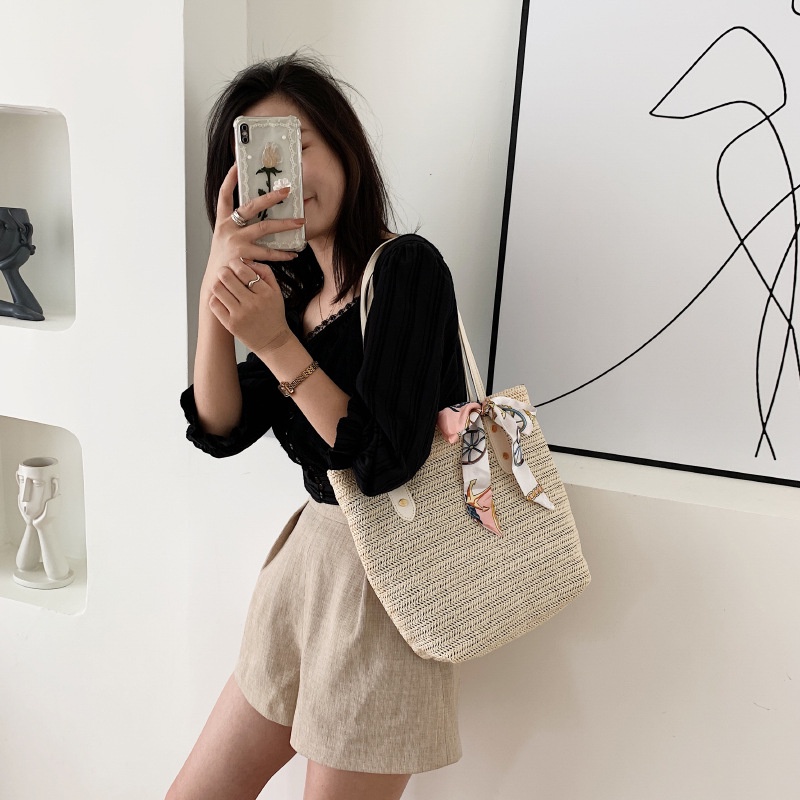 Drozenb Tas Tote Wanita Bahan Anyam Jerami Motif Polos/Totebag Fashion Korea Anyam Kulit Impor/Tas Tote Bahan Anyam Jerami Model Korea Fashion/Tas Pantai Wanita Bahan Anyaman Model Korea