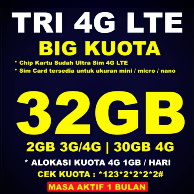 Kuota Paket Data Internet TRI 32 GB + 30 Menit 24 Jam 30HR