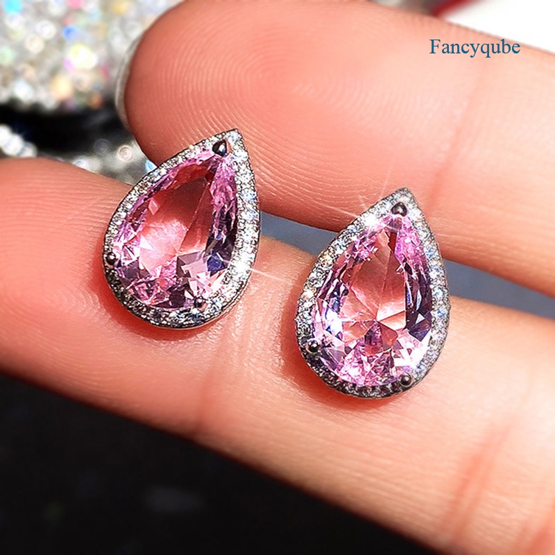 Fancyqube Anting Stud Bentuk Water Drop Warna Pink Untuk Wanita