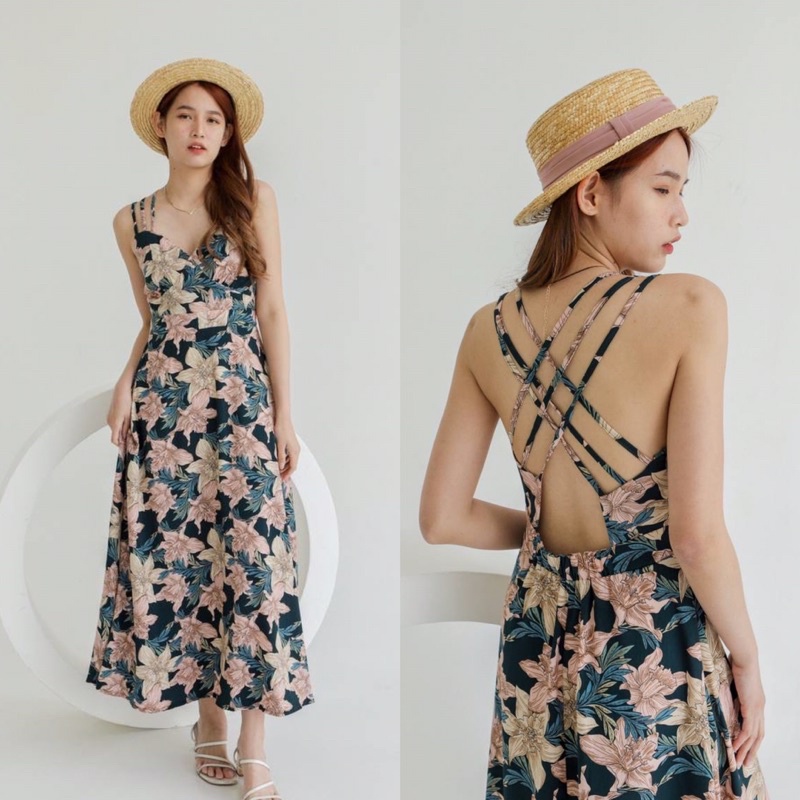 DRESS WANITA SUMMER CASUAL DRESS MAXI PANJANG TANPA LENGAN BACKLESS V NECK FLOWER BUNGA BUNGA BELLA 