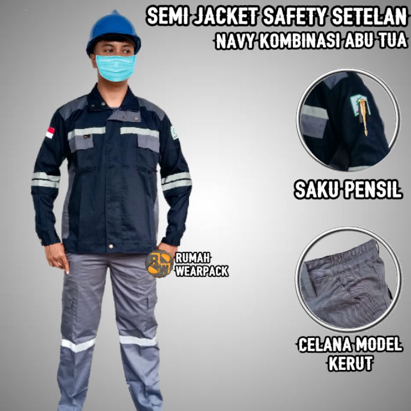 Setelan Semi Jaket Safety  dan Celana Safety Warna Navy Kombinasi Abu Tua