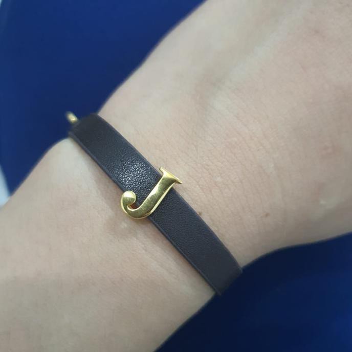 CUCI GUDANG Gelang Kulit dan Liontin Balok Inisial Huruf J Elegant Emas Asli