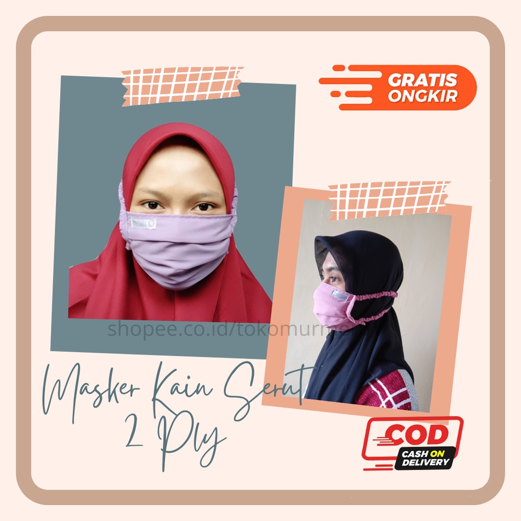 Masker Kain Hijab Karet Silang Serut 2 Ply Wolfis Satuan | Masker Kain Hijab Serut Kain Wolfis Kemas