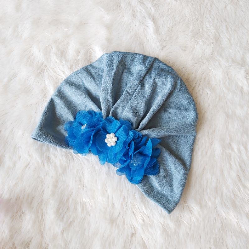 Turban Bayi 0-3th Bunga Besar - Bandana bayi - Kerudung Anak Bayi-Biru jeans