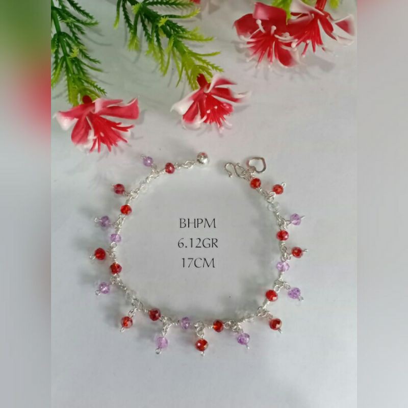 Gelang tangan kristal merah ungu perak