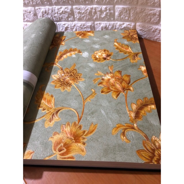 Wallpaper Dinding Bunga Gold Dasar Hijau Ulir Mewah Elegan | Shopee