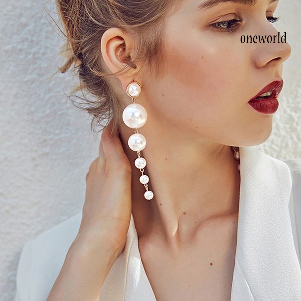 OW@ Fashion Women Long Faux Pearl Dangle Stud Earrings Statement Party Jewelry Gift