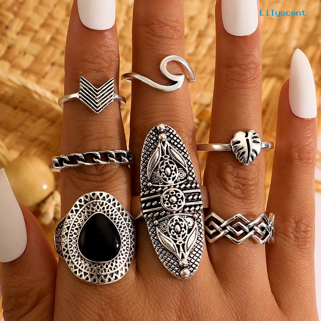 7pcs / Set Cincin Jari Wanita Gaya Bohemian Bentuk Geometri Hias Batu Permata Imitasi Untuk Pesta