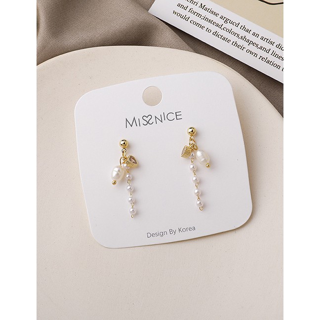 LRC Anting Tusuk Fashion White Irregular Pearl Tassel Geometric Earrings P59503