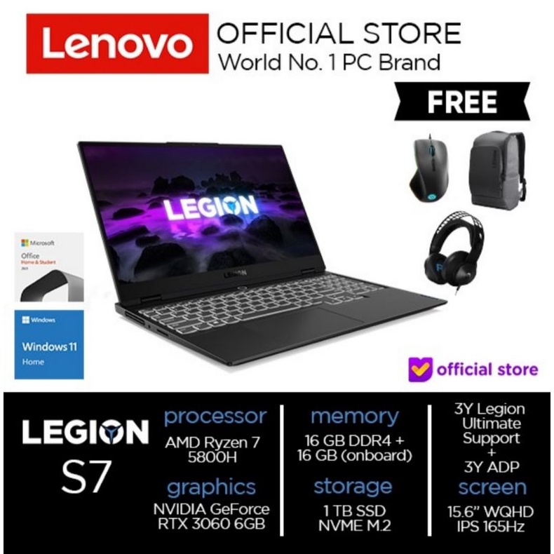 LENOVO LEGION SLIM 7 15ACH6 AMD RYZEN 7 5800H 32GB 1TB SSD RTX 3060 6GB FREE WINDOWS 11 + OFFICE HOM