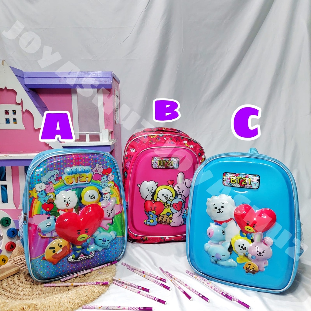 Tas Anak Perempuan Karakter Timbul - Ransel Anak SD - Tas Anak Perempuan Gratis Botol - Tas 3 Dimensi - Ransel LED Nyala - Joyashuz