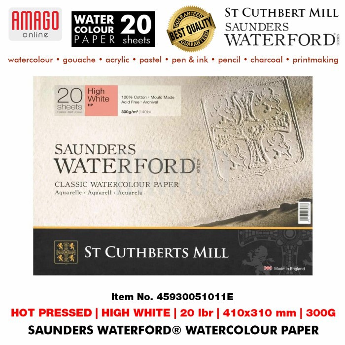 Saunders Waterford Watercolour Paper Hot Pressed - High White - 300g - 20 lbr - 410x310mm