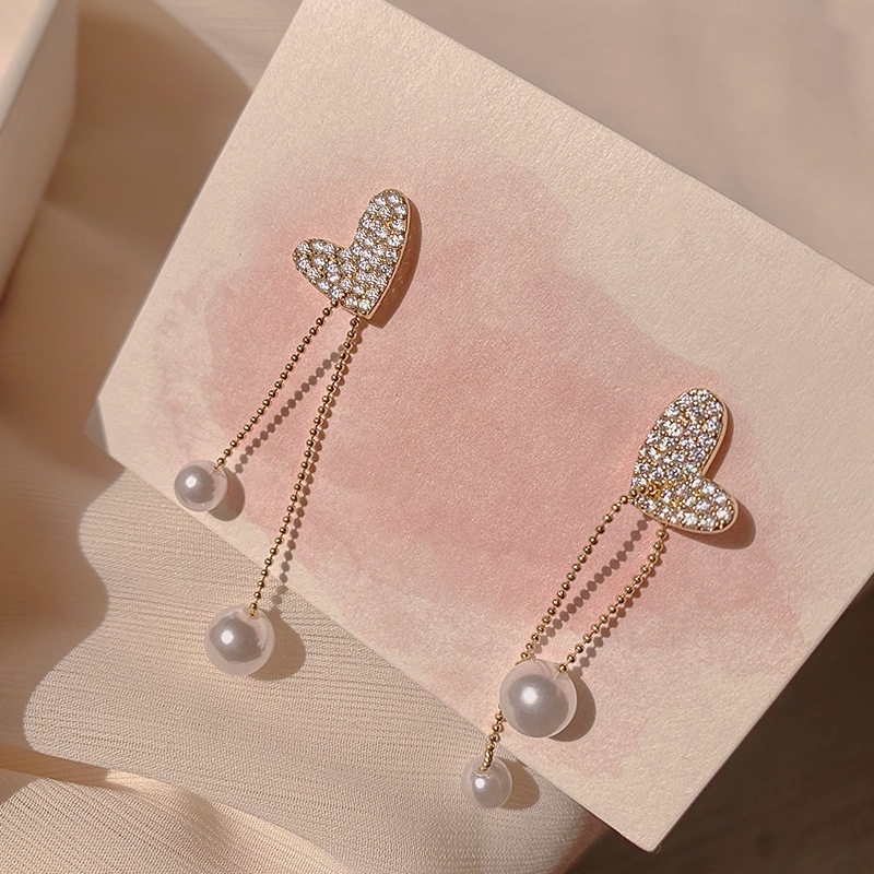 Anting Tusuk Gantung Bahan Sterling Silver 925 Desain Hati + Mutiara + Berlian Gaya Simple / Mewah Untuk Wanita