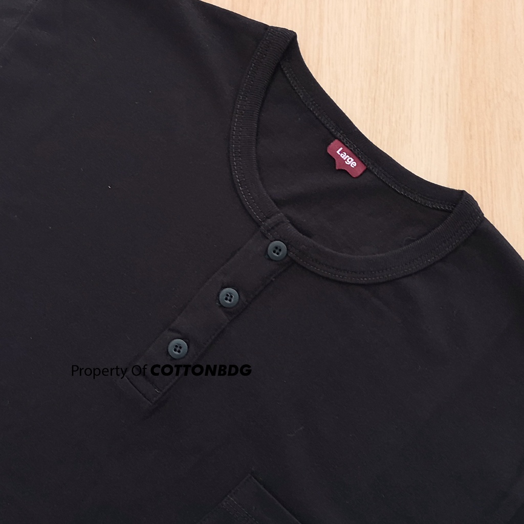 KAOS SAKU KANCING PRIA POLOS WARNA HITAM JET BLACK HENLEY TANGAN PANJANG UKURAN S-XL BAHAN COTTON COMBED 30S ORGINAL