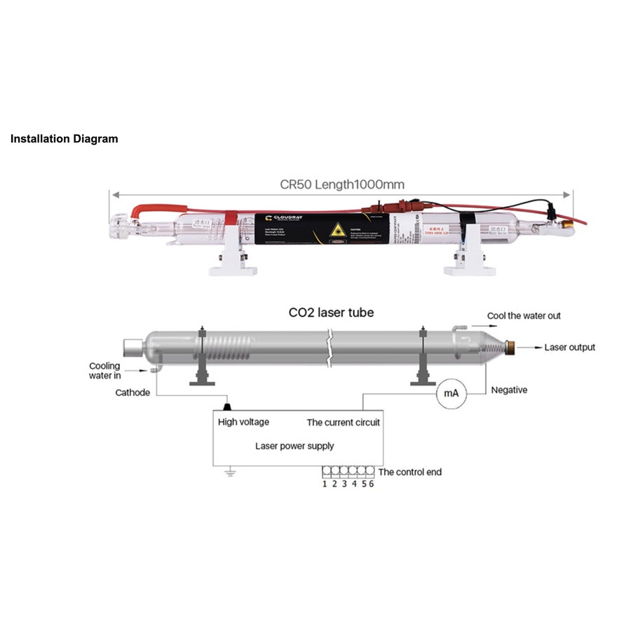 CloudRay CO2 Laser Tube Tabung Laser CR 70 Watt 70W Metal Head