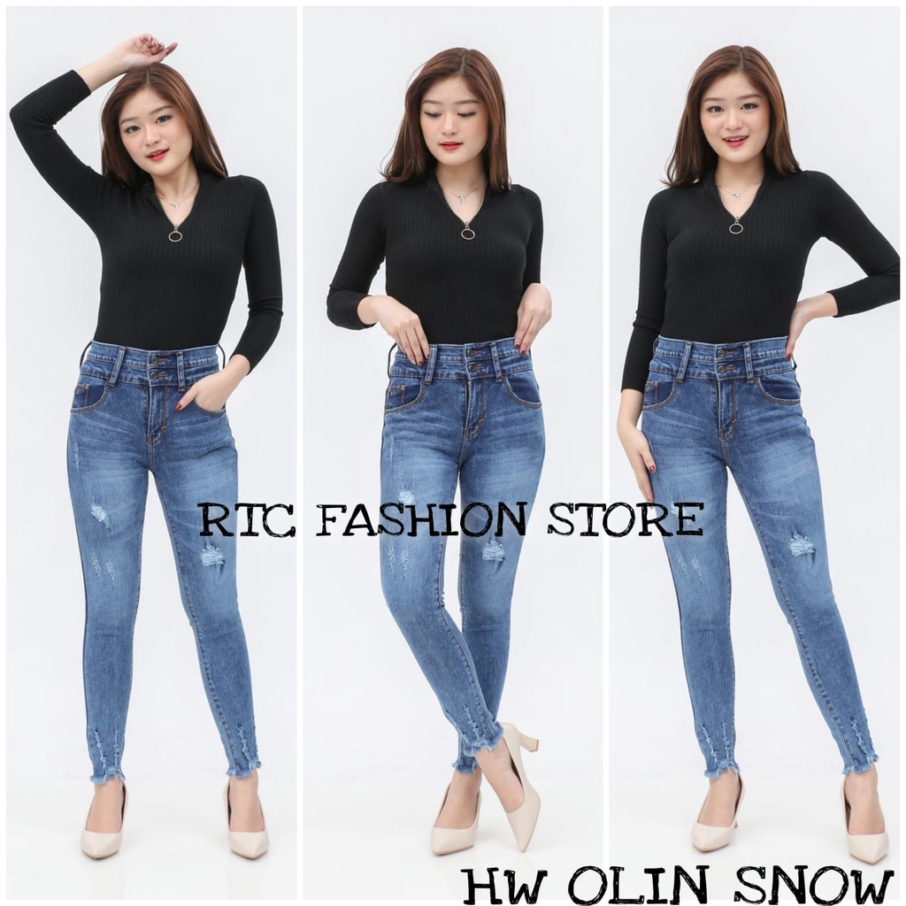 NEW -  CELANA HIGH WAIST OLIN JEANS WANITA SNOWBLUE SIZE 27-30 / HW RIPPED JEANS WANITA / HW SOBEK