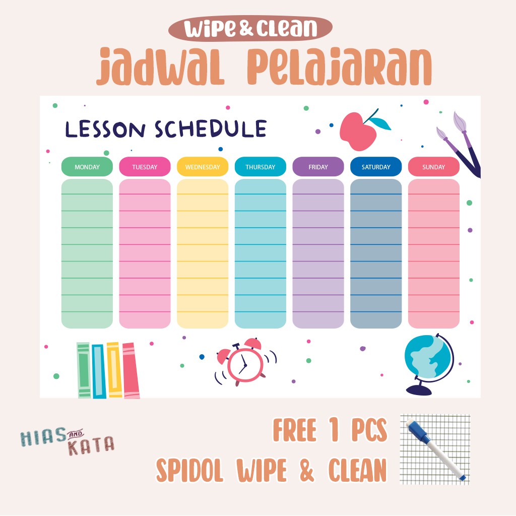 

jadwal pelajaran lesson schedule bisa custom judul ( bonus 1 pcs spidol wipe & clean)