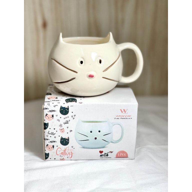 Gelas Mug cangkir Keramik Porselen Motif Kucing 300ml / Mug Kopi Susu