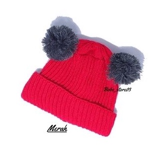 Kupluk Pompom Anak Bayi Cewek Cowok Polos / Kupluk Bayi laki laki perempuan usia 0-2,5 tahun-Merah