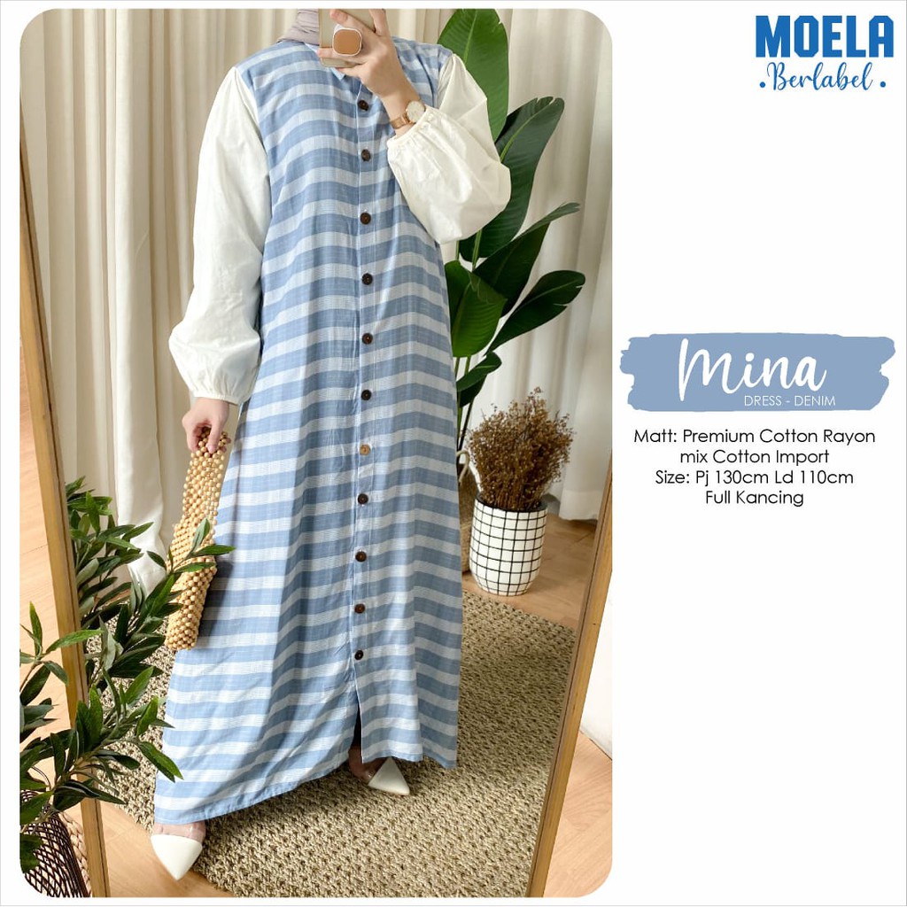 MINA Dress Remaja Casual Vintage Korea Muslim Long Dress Wanita Lengan Panjang Busui Kekinian LD 110