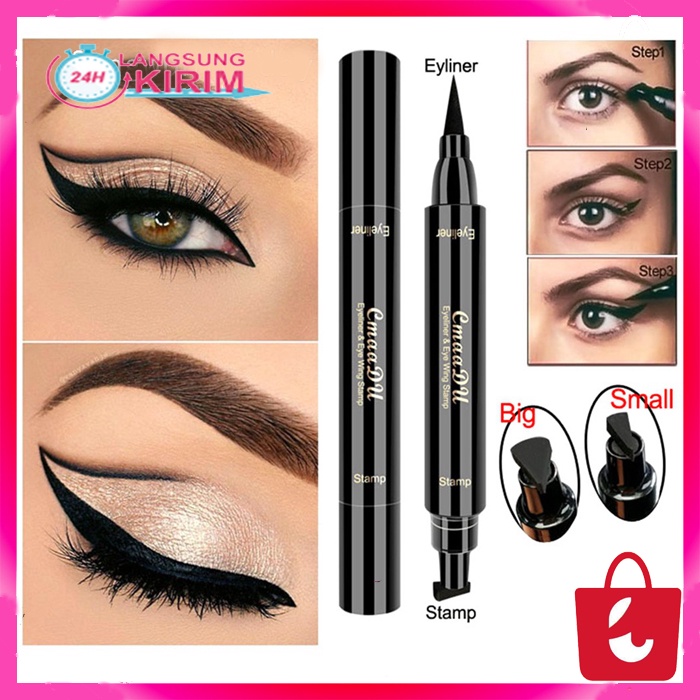 [100% Asli + COD]  Eyeliner Stempel 2 in 1 Cair Pensil Super Tahan Air Hitam Berkepala Dua Perangko Eye Liner Mata Maquiagem Kosmetik Alat Makeup/Cmaadu Mata Liner Cair Membuat Pensil Eye Liner Pensil Cair Hitam Tahan Air Ganda Makeup Stamps Eyeliner