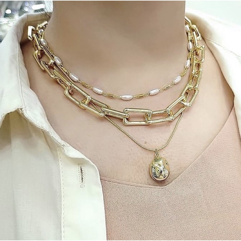 Kalung fashion gold mutiara rantai 3 layer liontin bulat