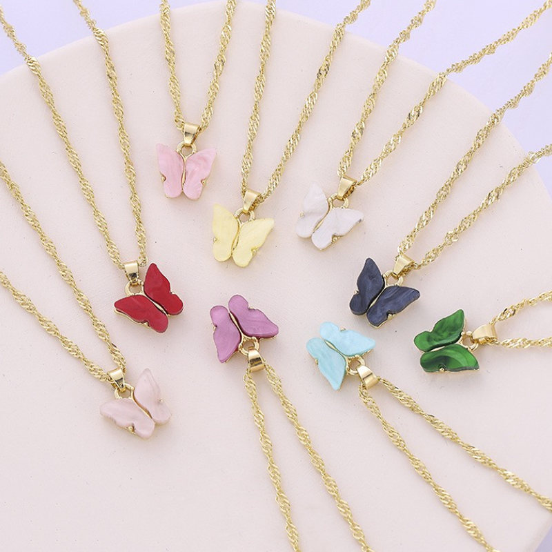 Kalung Rantai Choker Liontin Kupu-Kupu 6 Warna Bahan Logam Gaya Retro Untuk Aksesoris Wanita