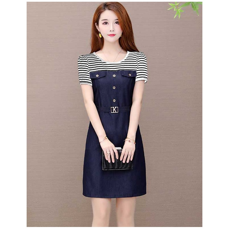 Dress wanita import cotton salur dan semi denim baju cewek terusan casual baju korea