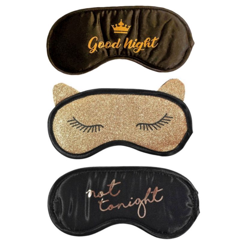 PENUTUP MATA TIDUR SLEEPING MASK EYE MASK BLACK AND GOLD CAT NOT TONIGHT GOOD NIGHT