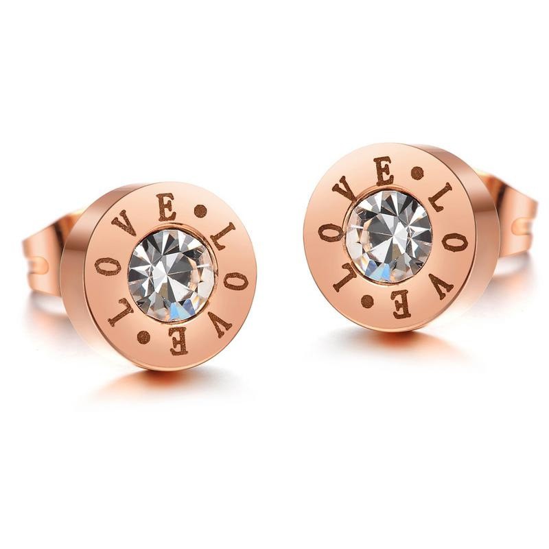 SALE Anting Titanium Rose Gold Asli Wanita Anti Karat Murah AA002 Motif Bulat dengan tulisan love