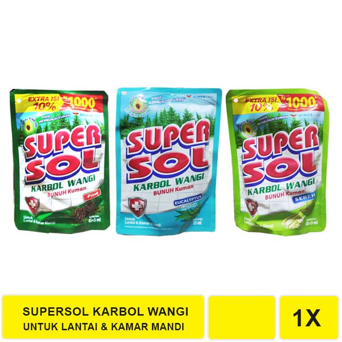 SUPERSOL KARBOL WANGI PEMBERSIH LANTAI DAN KAMAR MANDI (SACHET 1000 AN).