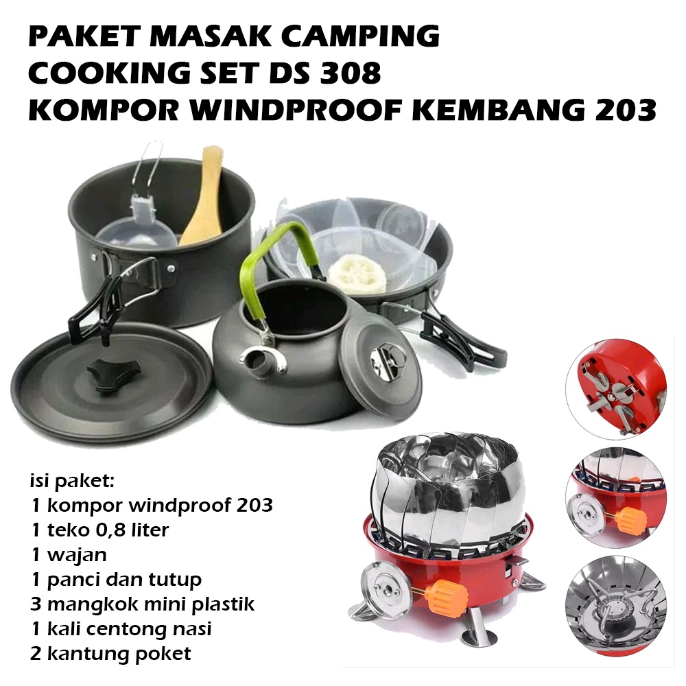 Paket Masak Camping Cooking Set 308 plus Kompor Windproof K203 - Alat Masak Camping