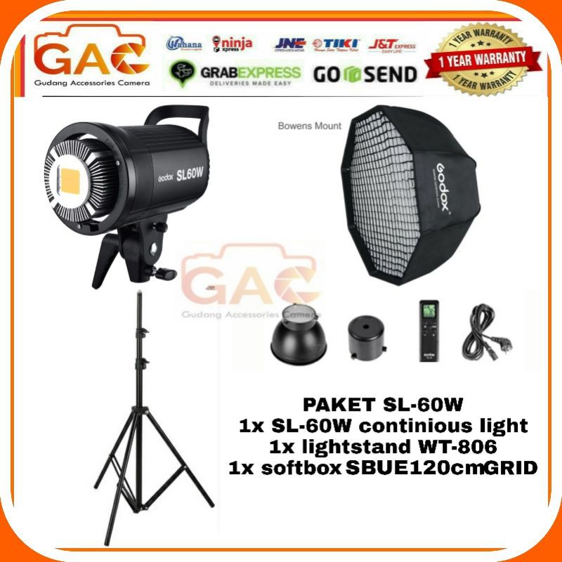 paket lampu GODOX SL-60W SL60W continious light with softbox SB-UE80cm 90cm 120cm with GRID