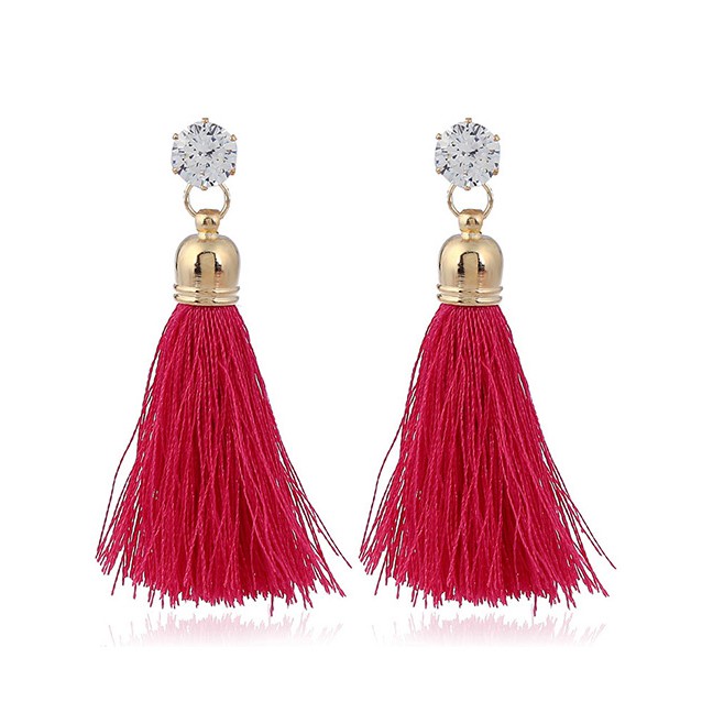 LRC Anting Tusuk Thin Trendy Diamond&amp;tassel Decorated Pure Color Simple Earrings