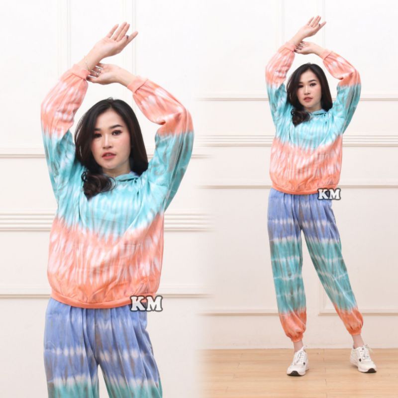 Setelan CP Sweater Hoodie Tiedye Set Celana Joger One Set Tiedye Fashion Baju Wanita Kekinian-Hoodie lapis Tosca