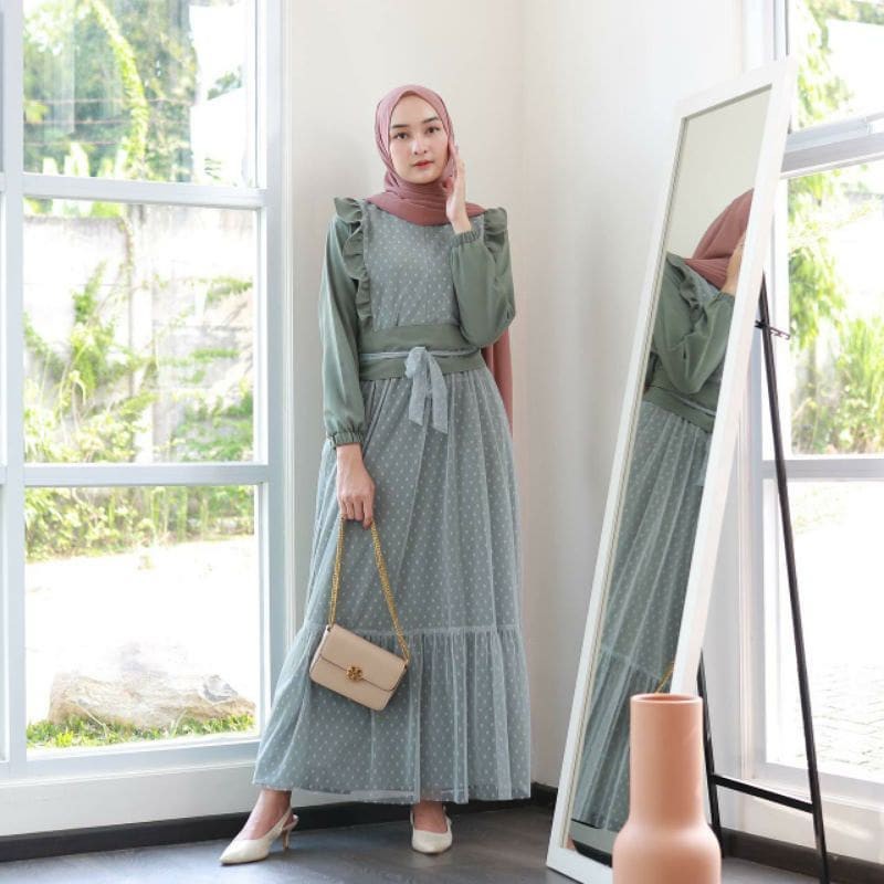 Setelan dress fashion busana baju gamis casual muslim muslimah katun simple polos wanita remaja dewasa murah terbaru kekinian 2021 warna ungu Lilac maron kuning pink hijau army mocca hitam navy merah crem-hana hijau