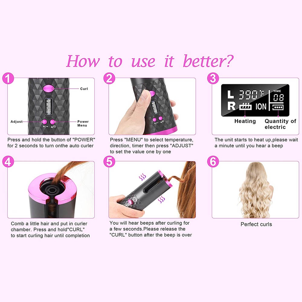 Cordlesss Automatic Hair Curler catok portable keriting taanpa kabel - Hitam