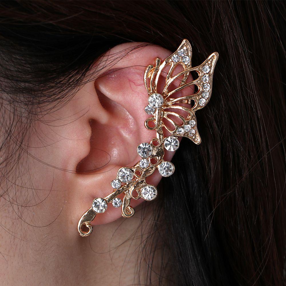 CHOOKYY 1pc/1 Pasang Anting Klip Kupu-Kupu Hadiah Fashion Perhiasan Punk Bertabur Berlian Bling Bling Kristal Telinga Stud