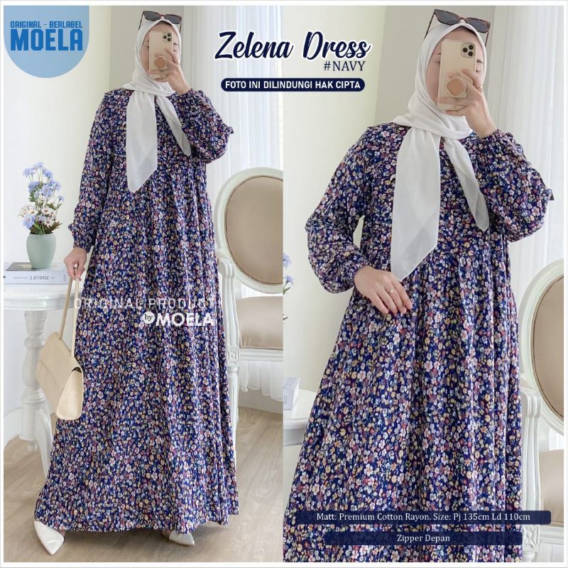 Zelena Yelan Bifia Jasmi Dress Gamis Original Ori Moela Berlabel Jumbo Allsize Busui Premium Catton Rayon-Zelena navy