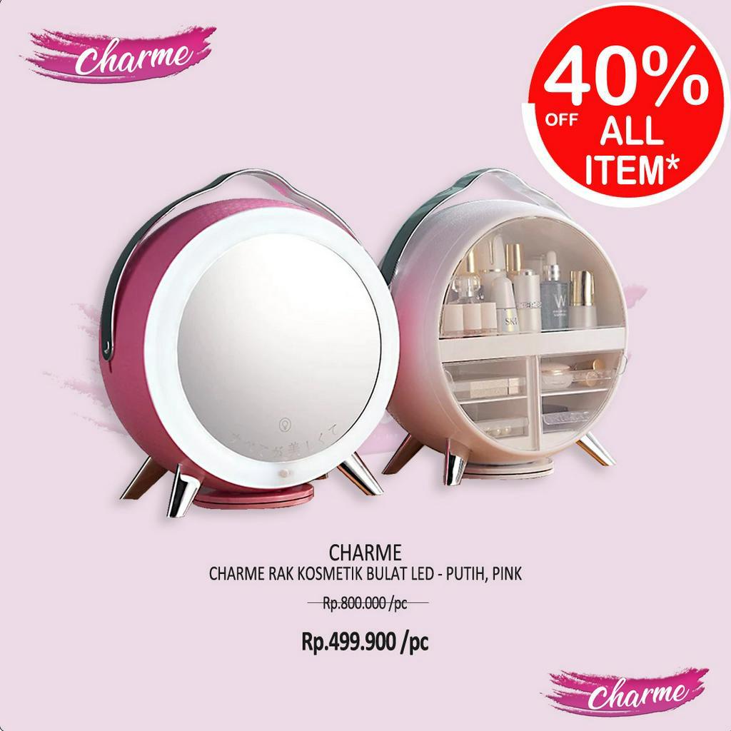 (READY &amp; ORI) Charme Rak Kosmetik Bulat LED Tempat Makeup Putih / Pink